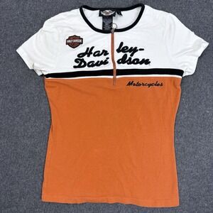Harley Davidson Womens Small Half Zip Shirt Orange White Motorcycle Top